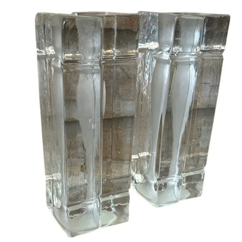 Vintage Pair Heavy Glass Blocks w/ Frosted Candle Stick Mold Decor Bookends RARE